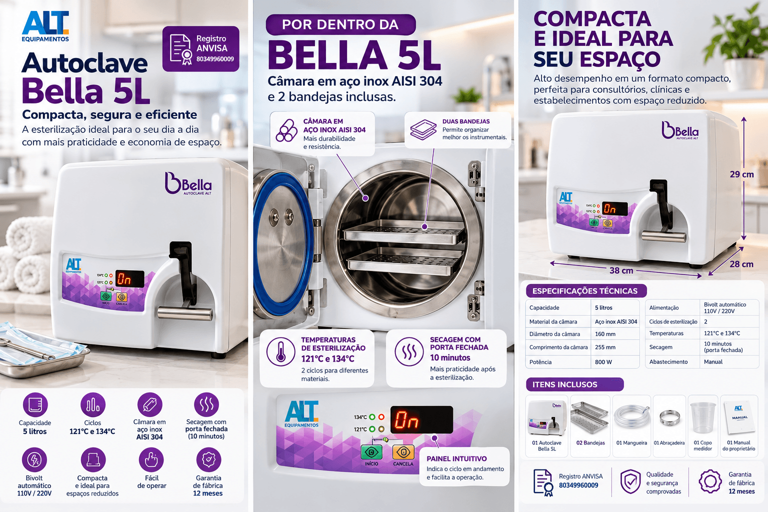 AUTOCLAVE ALT BELLA 5 LITROS – COMPACTA, AUTOMÁTICA E BIVOLT - Imagem 2